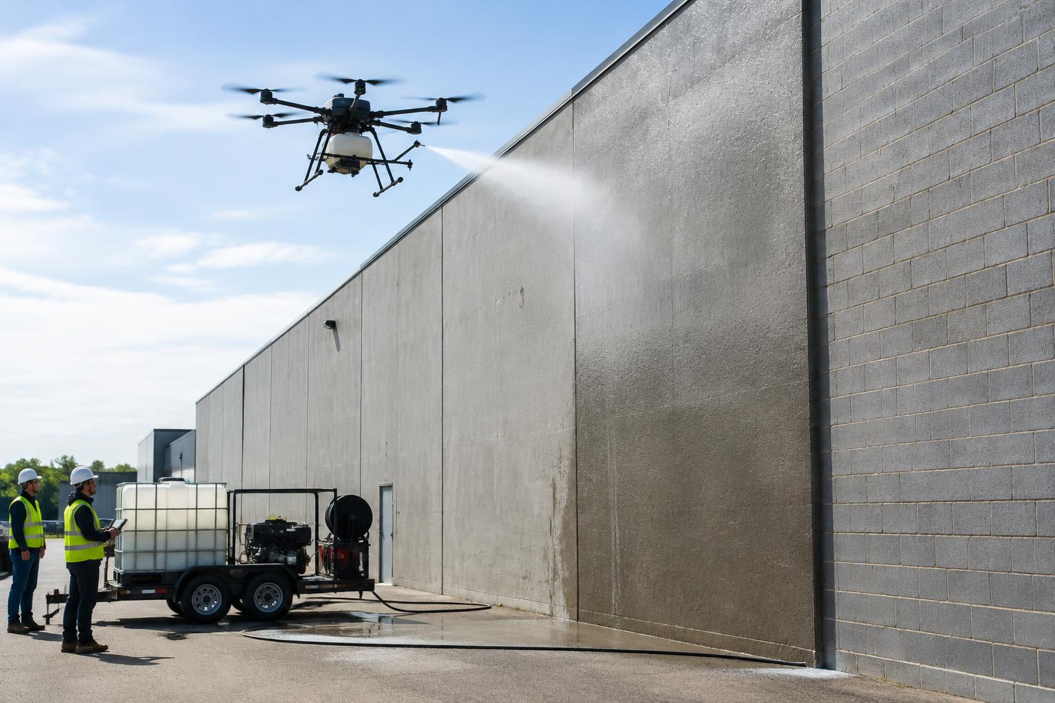 Drone spraying a clear protective treatment onto a warehouse concrete wall with ground crew below