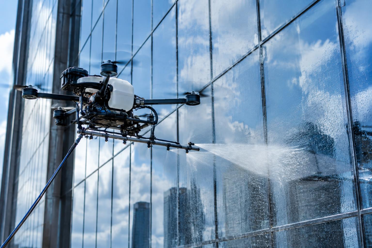 Tethered drone rinsing a glass curtain wall with purified water