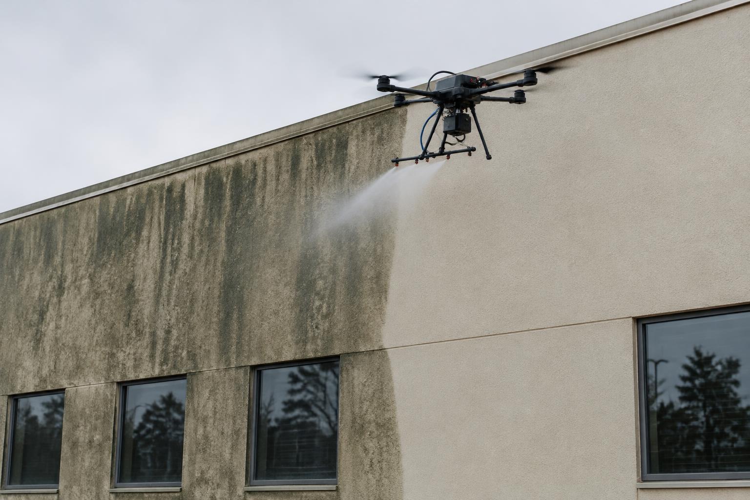 Drone applying low-pressure soft wash to an algae-stained stucco wall, half treated