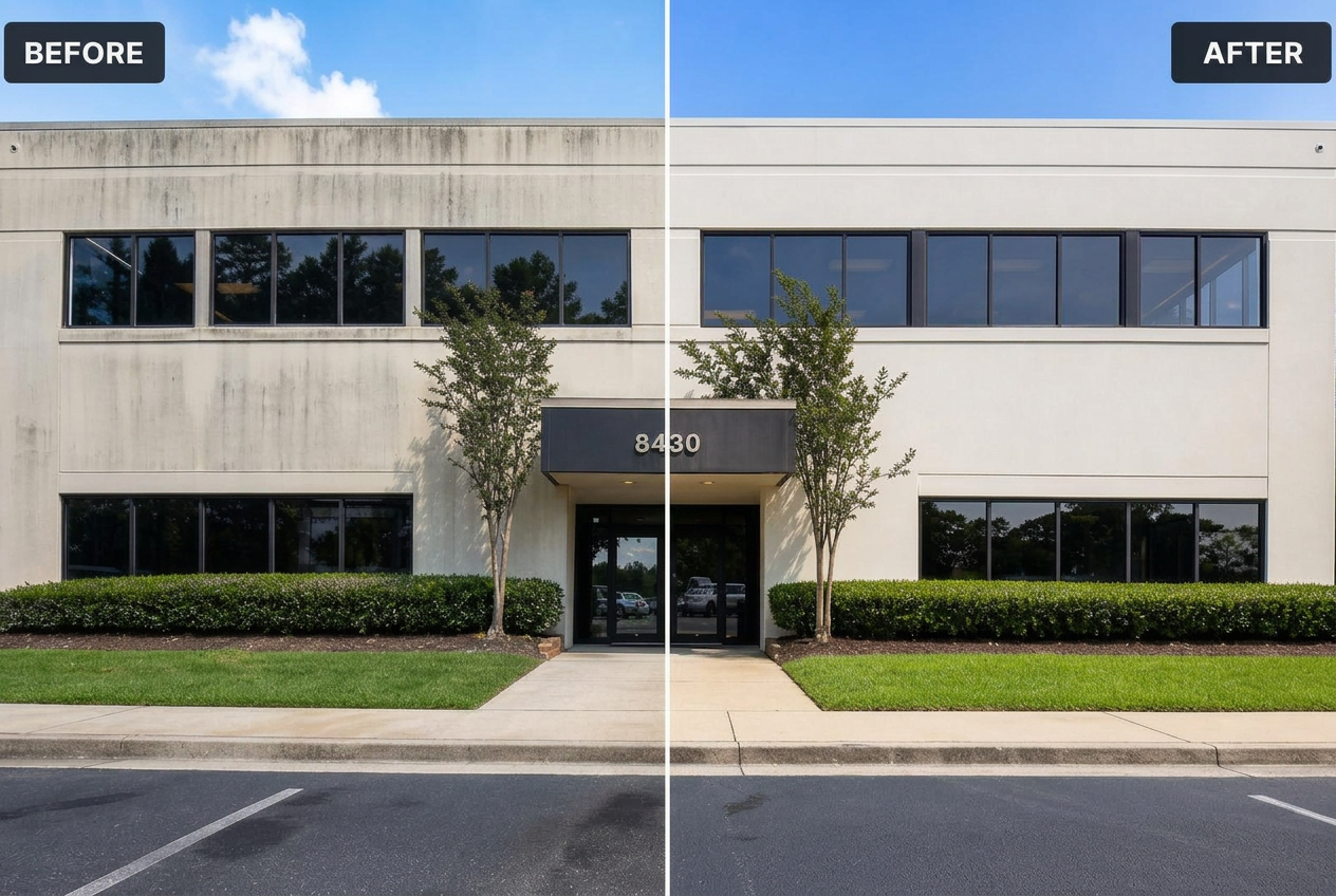 Before and after commercial building facade restoration