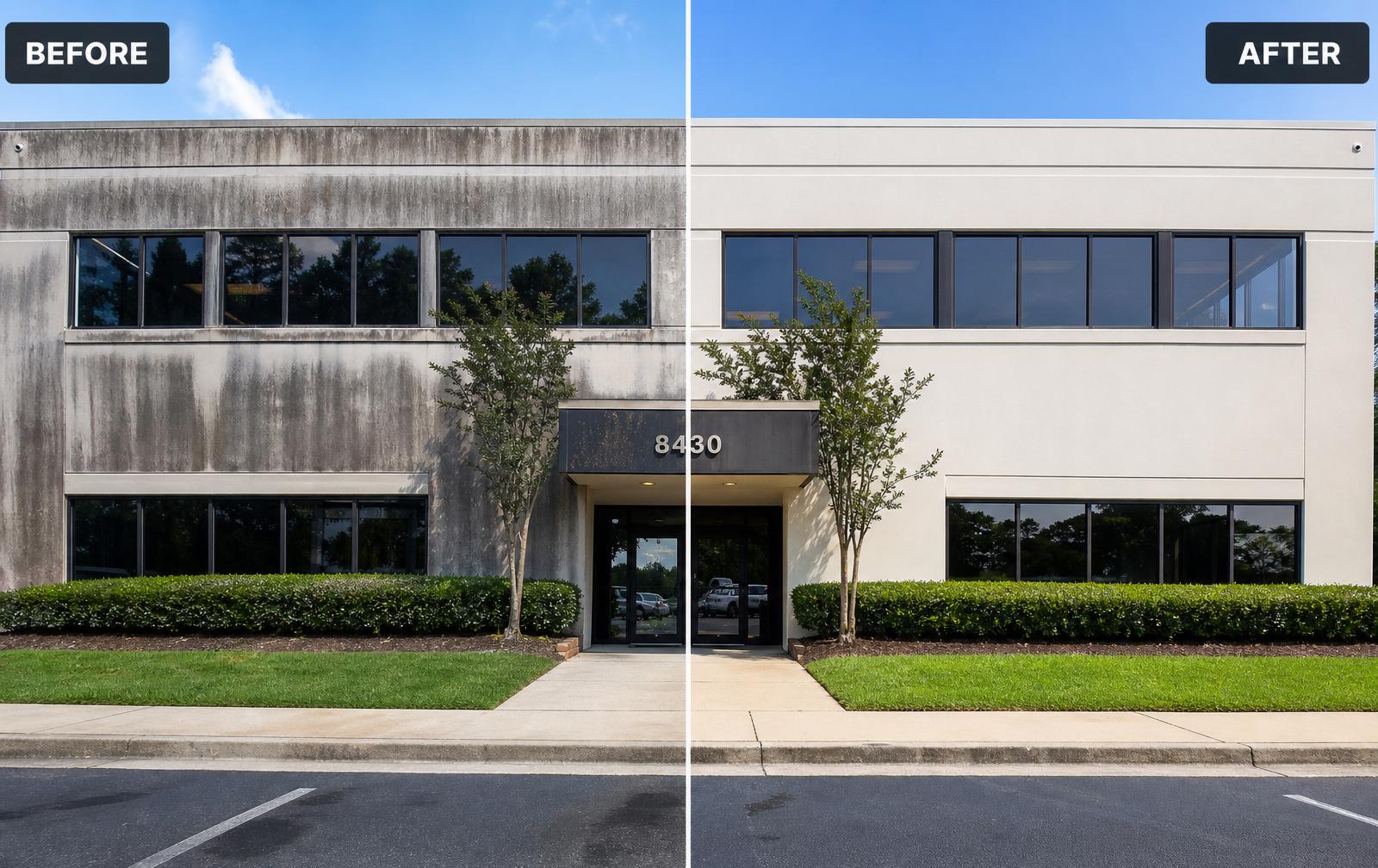 Before and after commercial building facade restoration