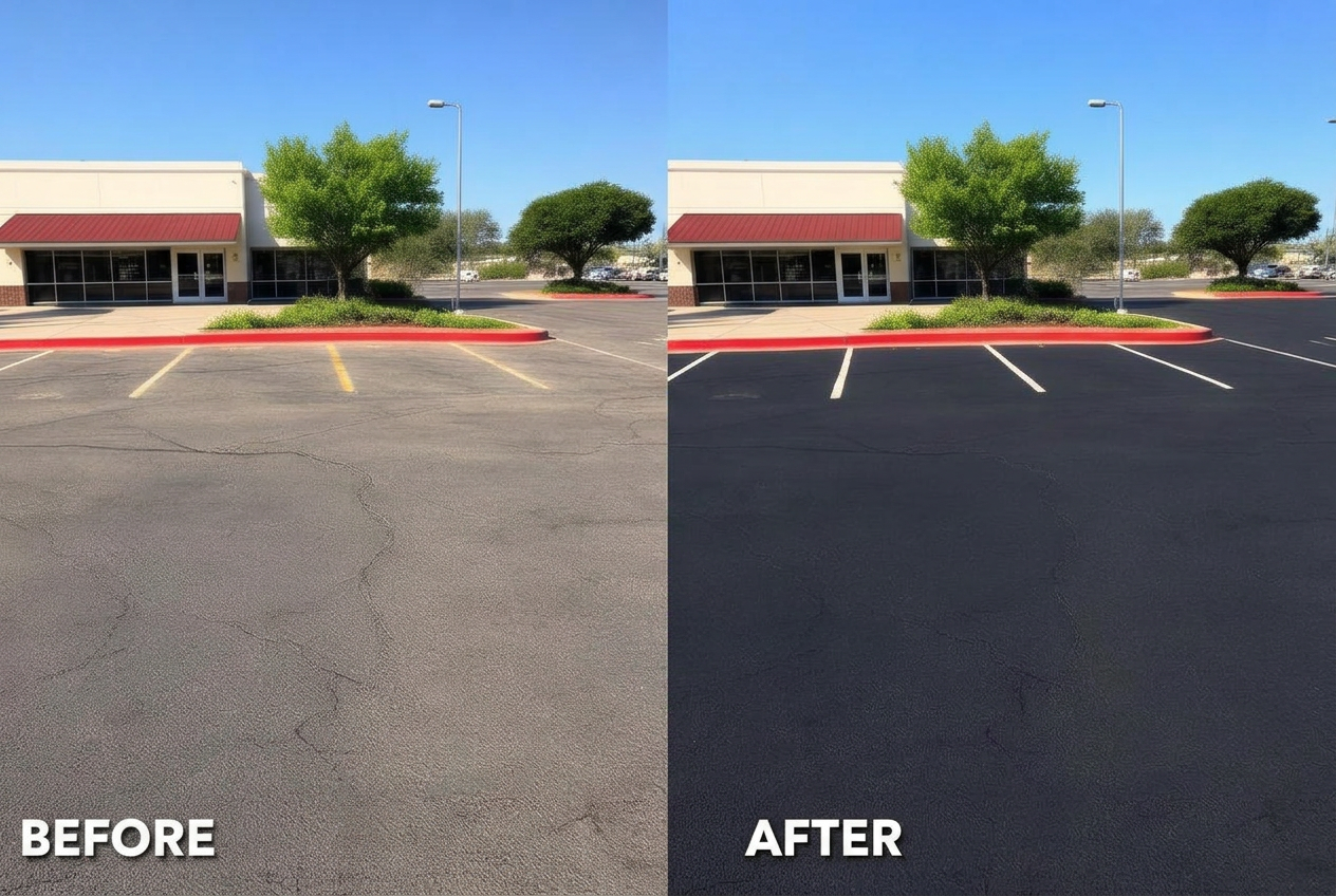 Before and after commercial parking lot sealcoating and striping