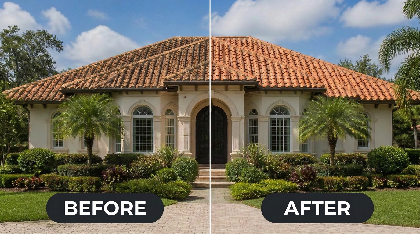 Before and after Spanish tile roof cleaning and restoration